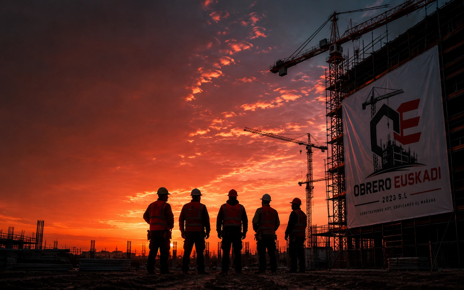 Equipo de Obrero Euskadi trabajando en obra al atardecer