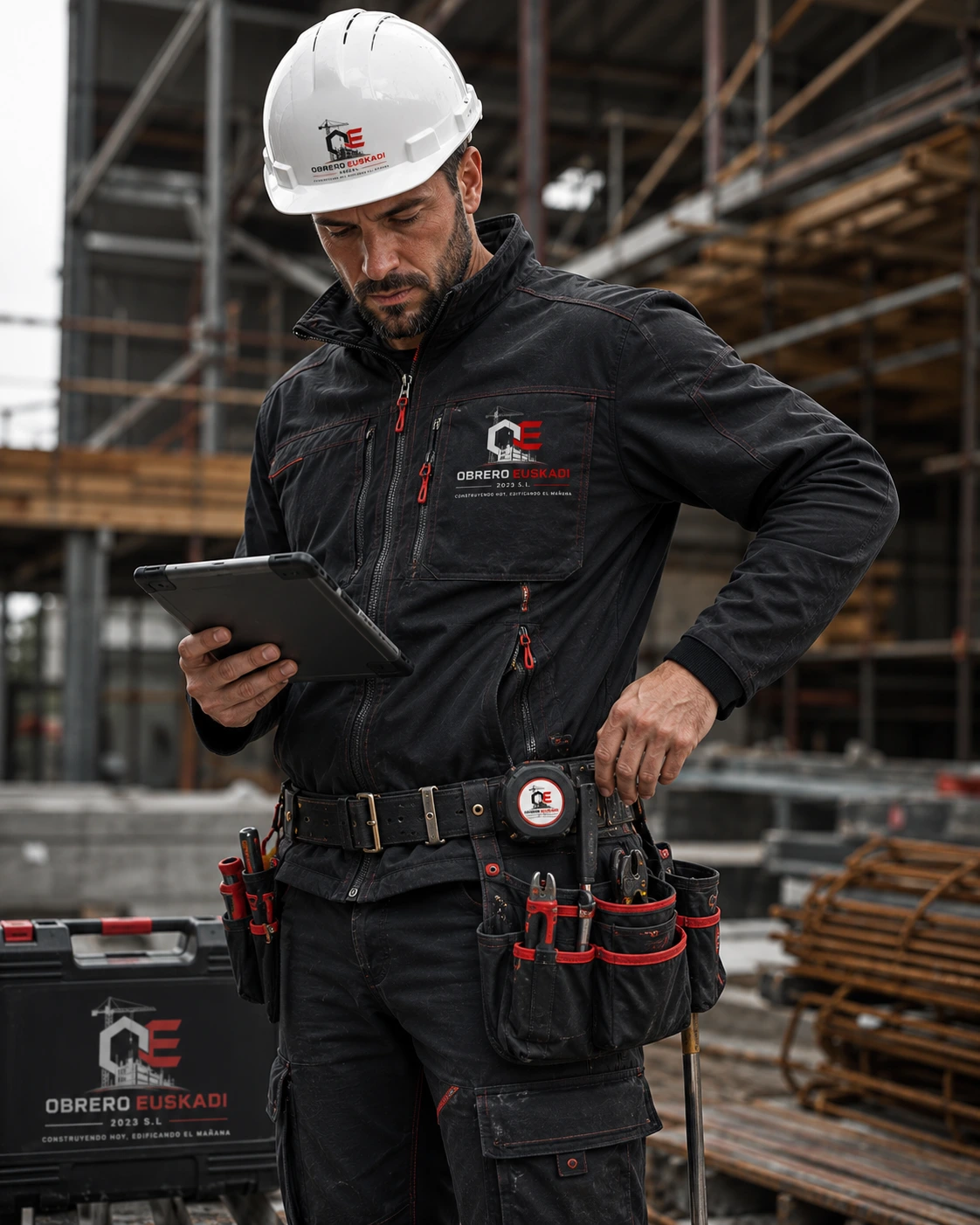 Técnico de Obrero Euskadi supervisando obra con tablet