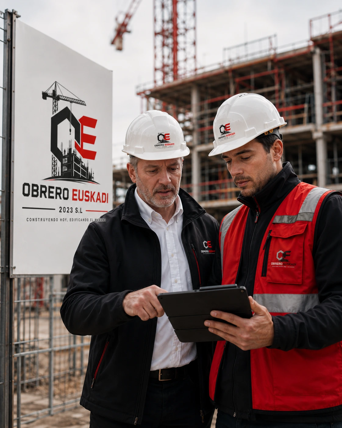 Equipo de Obrero Euskadi revisando planos en obra