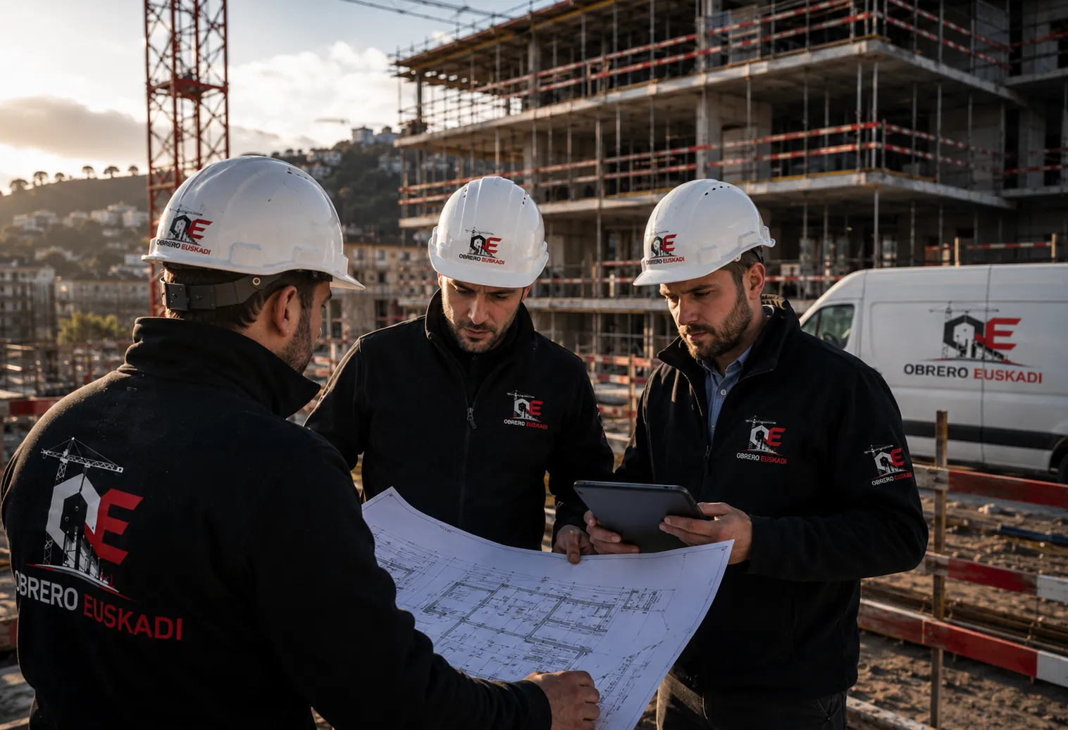 Equipo supervisando construcción residencial